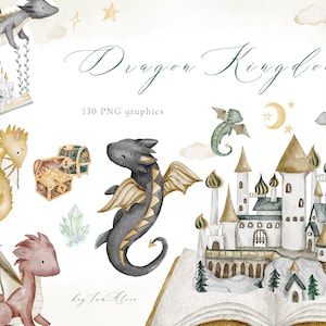 Clipart acquerello drago, clipart digitale cavaliere, grafica fiaba, PNG regno drago, illustrazione asilo nido, design sublimazione