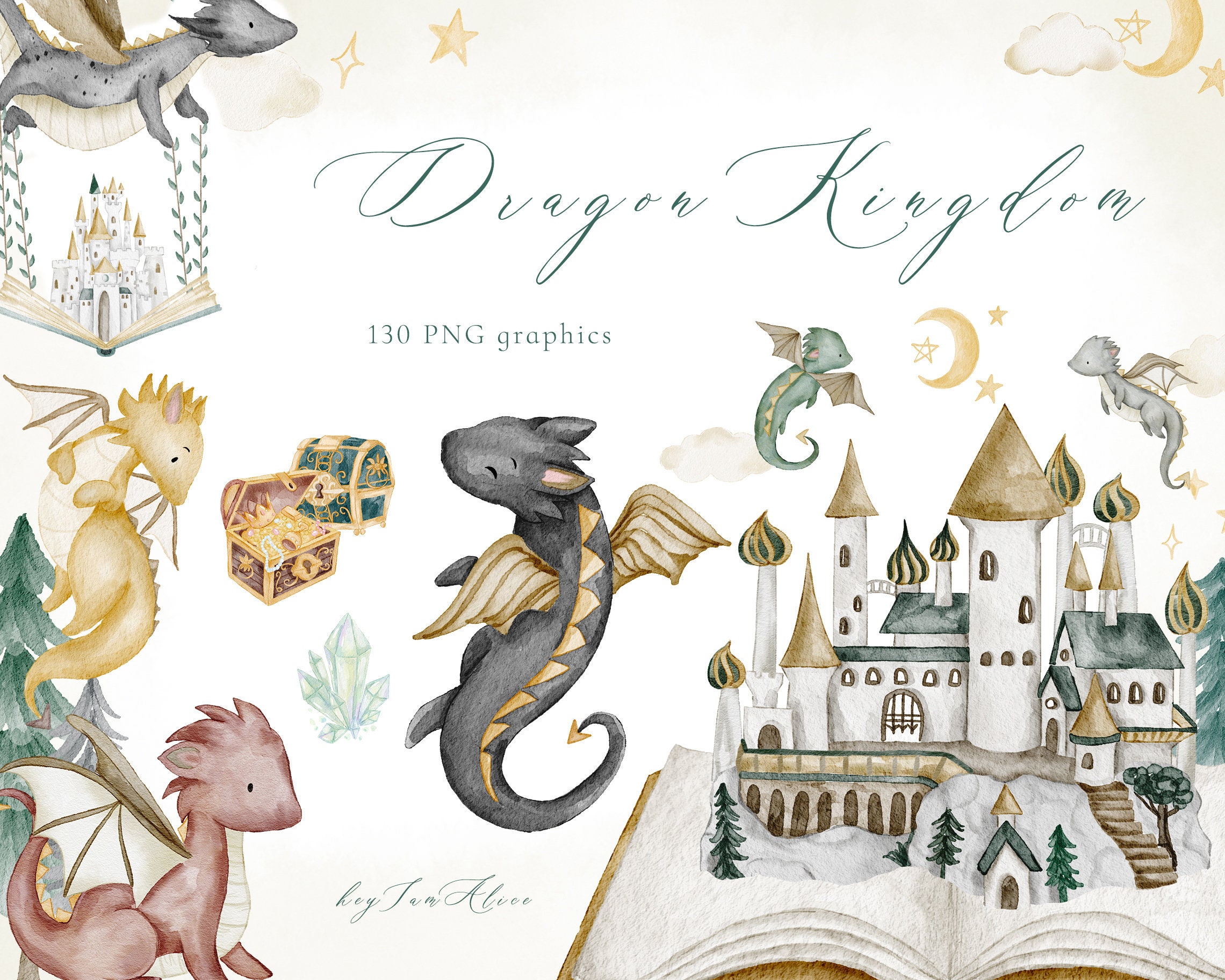 Dragon watercolor clipart, knight digital clipart, fairy tale graphics, dragon kingdom PNG, nursery baby illustration, sublimation design