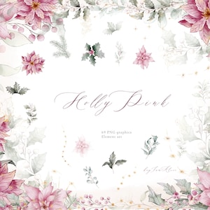 Clipart rosa de guirlanda de Natal, feliz Natal, aquarela de vegetação de inverno PNG, clipart de visco, clipart de férias, gráfico digital festivo