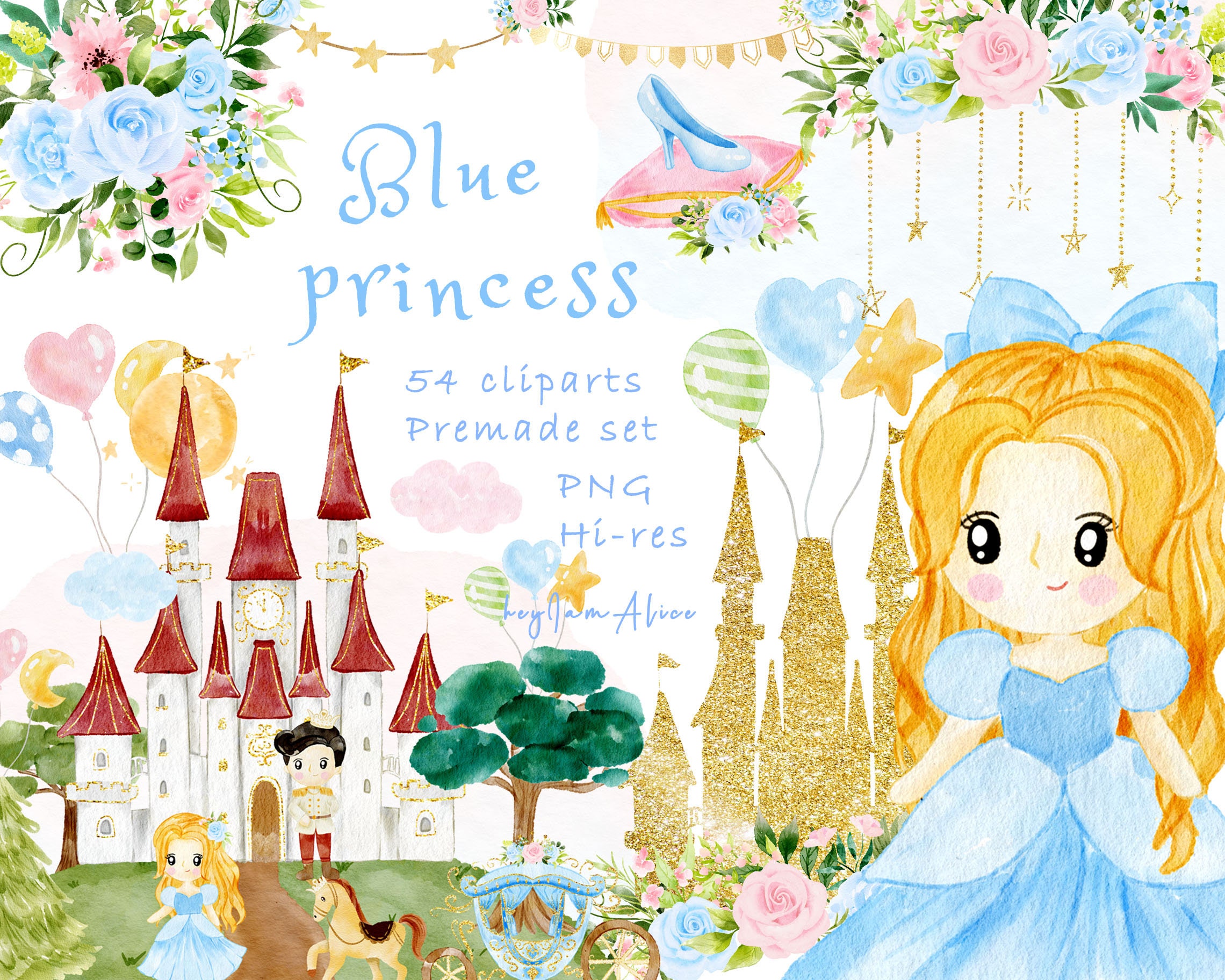 Scrapbooking watercolor baby girl clipart little princess premade card ...