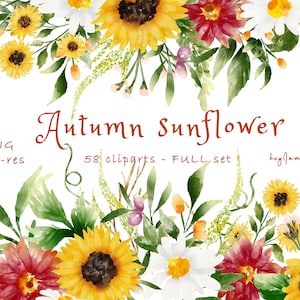 Zonnebloem aquarel clipart, GRATIS commercieel gebruik, groen clipart, herfst bloemen clipart, gele herfst bloem clipart, gebladerte clipart PNG