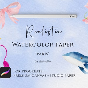 May include: A digital illustration of watercolor paper with a blue whale, pink flowers, and a pink bow. The text "Realistic Watercolor Paper 'Paris' by Haylam Alice" is written on the paper. The text "For Procreate Premium Canvas - Studio Paper" is also written on the paper.