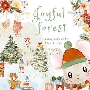 Woodland bébé animal Clipart PNG, clipart de Noël, graphique de vacances d'hiver, mignon bébé forêt, arbre de Noël PNG, bébé lapin, petit ours