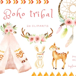Boho tribal Clipart, FREE COMMERCIAL USE, Watercolor feather and flower animal Clipart, Nursery Boho Woodland ,Baby Shower, teepee tent