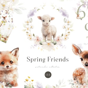 Clipart aquarelle animal mignon, pépinière d’animaux pour bébés, graphique adorable pour enfant, art de pépinière, sublimation PNG, cerf, lapin, renard, mouton, Pâques