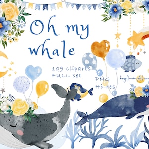 Whale clipart, watercolor ocean graphic, cute sea animal PNG, under the sea clipart, baby graphics, nursery PNG, dolphin watercolor digital