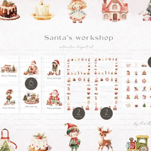 May include: A watercolor clipart set featuring Santa's workshop with illustrations of Santa Claus, elves, reindeer, toys, and Christmas decorations. The set includes 6 printable cards with the text "Merry Christmas", "Warm and cozy", and "Merry and bright".
