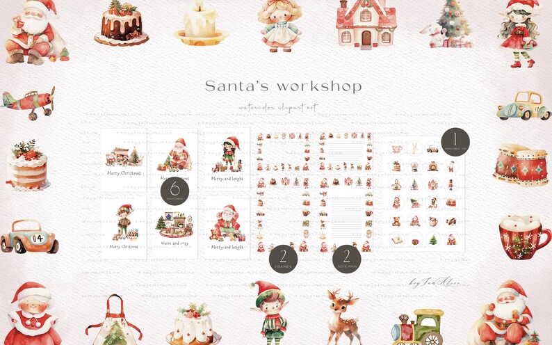 May include: A watercolor clipart set featuring Santa's workshop with illustrations of Santa Claus, elves, reindeer, toys, and Christmas decorations. The set includes 6 printable cards with the text "Merry Christmas", "Warm and cozy", and "Merry and bright".