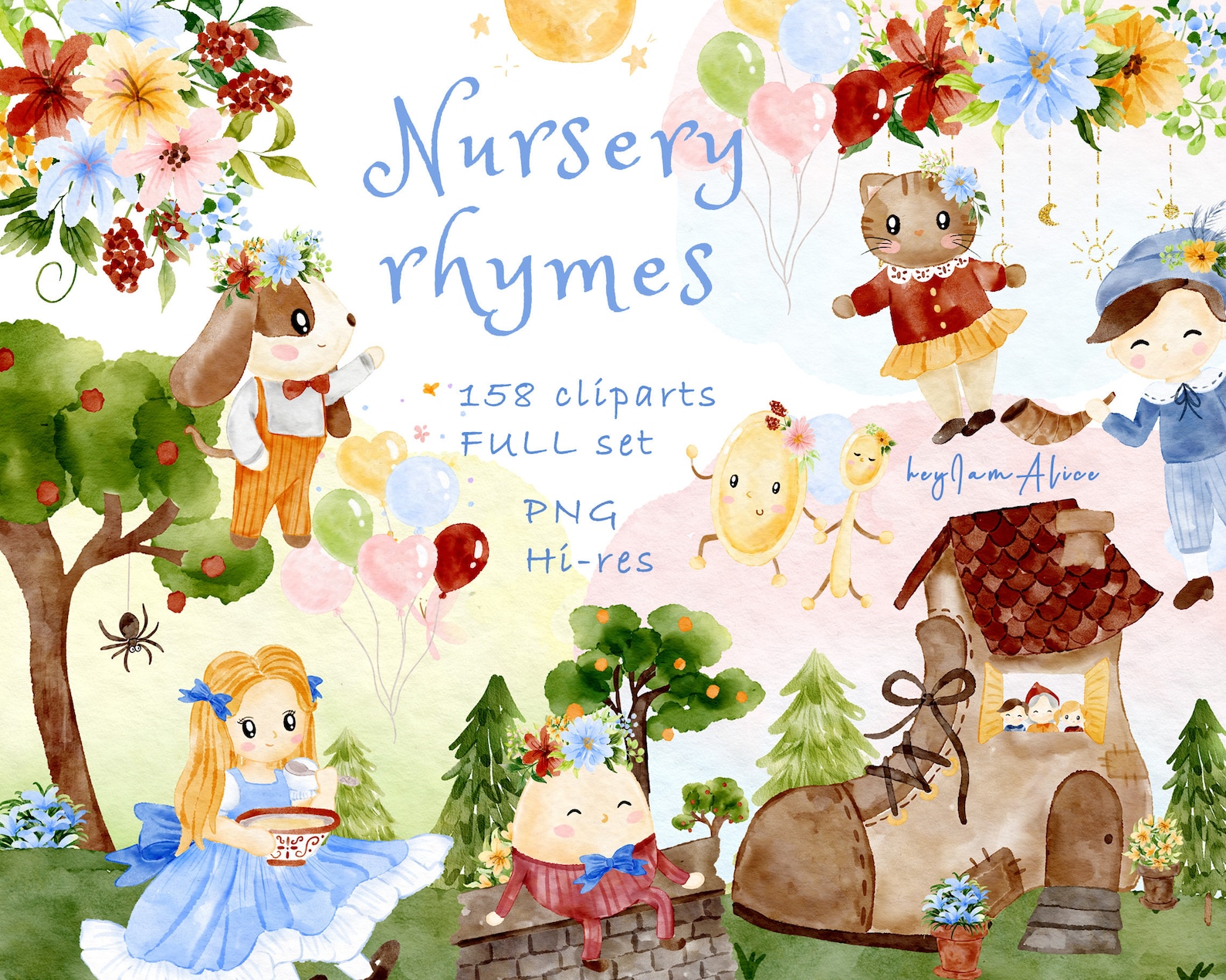 Nursery Rhymes Watercolor Clipart, Mother Goose PNG, Baby Graphics PNG ...