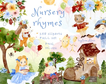 Nursery rhymes watercolor clipart, mother goose PNG, baby graphics PNG, nursery children digital graphics, storybook clipart, fairytale art