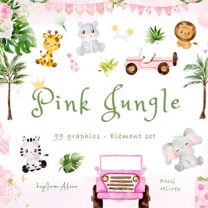 Rosa Dschungel Aquarell Tier Clipart, Dschungel Kinderzimmer, Dschungel Babyparty, Safari Tier Grafik PNG, Baby Elefant, Baby Löwe, Giraffe PNG
