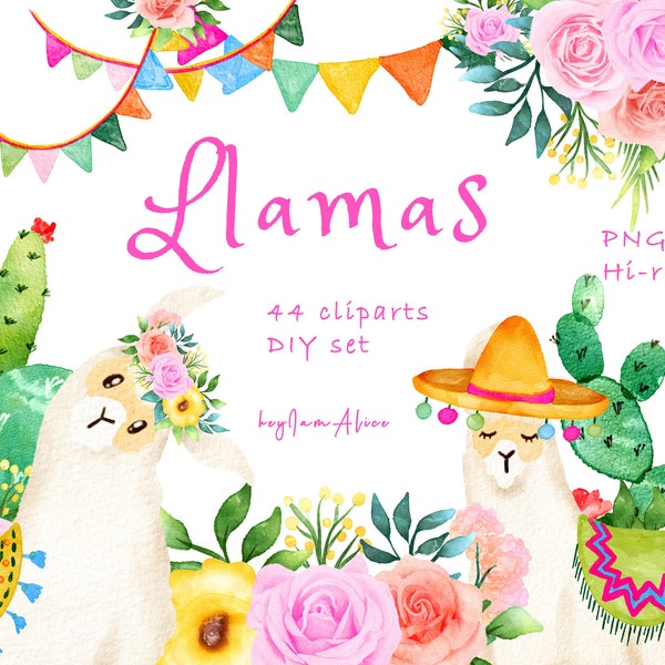 Llama watercolor clipart, alpaca clipart, FREE COMMERCIAL use, cactus clipart, llama PNG, boho clipart, animal clipart png, instant download