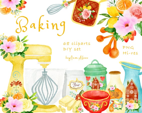 Watercolor Baking Clipart, Baking Supplies, Home Bakery Logo, Cooking Logo,  Culinary Clipart, Kitchen Utensils, Bakery Clipart, (Download Now) 