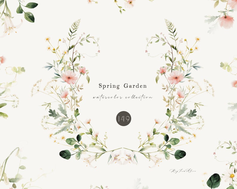 May include: Watercolor illustration of a spring garden with pink and white flowers, green leaves, and vines. The text "Spring Garden watercolor collection 149" is in the center of the image.