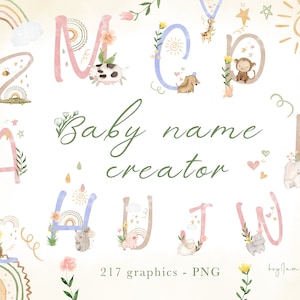 Imágenes prediseñadas de letras del alfabeto para bebés, creador de nombres personalizados, gráficos de guardería PNG, diseño de bebé de sublimación, imágenes prediseñadas de animales bebés PNG, bebé de acuarela