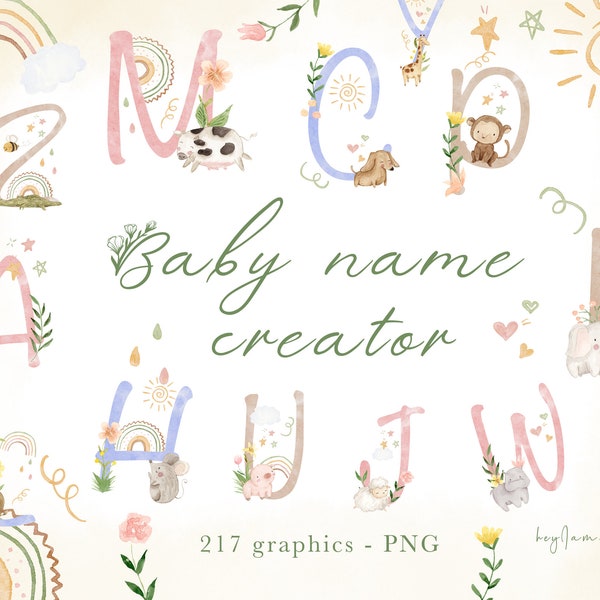 Baby alphabet letter clipart, custom name creator, nursery graphics PNG, sublimation baby design, baby animal clipart PNG, watercolor baby