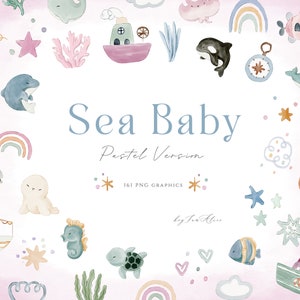 Meer Baby Clipart, Aquarell Ozean Grafik, Boho Kinderzimmer Clipart, nautische Baby Kind PNG, Oktopus, Seestern, Schildkröte, Wal PNG, Sublimation