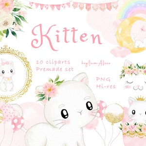 Baby Katze Aquarell Clipart, Kätzchen Grafik PNG, süße Katze, kleine Prinzessin Clipart, Kinderzimmer Clipart, Baby-Dusche-Grafik, Kind Baby Kätzchen PNG