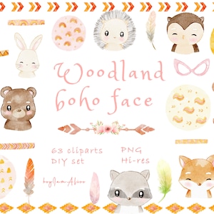 Puede incluir: Un conjunto de 63 ilustraciones de acuarela con animales del bosque con acentos boho. Las ilustraciones incluyen un oso, un zorro, un ciervo, un mapache, un búho, un erizo, un conejo y una ardilla. Las ilustraciones son perfectas para crear invitaciones, tarjetas y otras manualidades.