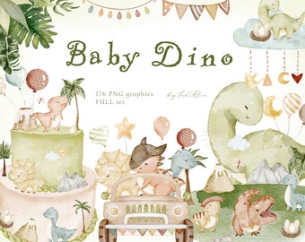 Baby Dinosaurs Watercolour Clipart, Cute Dinosaurs, Dino Decor, Dinosaur birthday Invitation, baby Dinosaur PNG, T rex, tyrannosaurus PNG