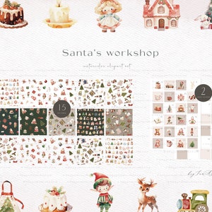 May include: A watercolor clipart set featuring Santa's workshop with illustrations of Santa, elves, reindeer, toys, and Christmas decorations. The set includes 15 seamless patterns and 2 sheets of individual elements. The text "Santa's Workshop" and "watercolor clipart set" is included in the image.