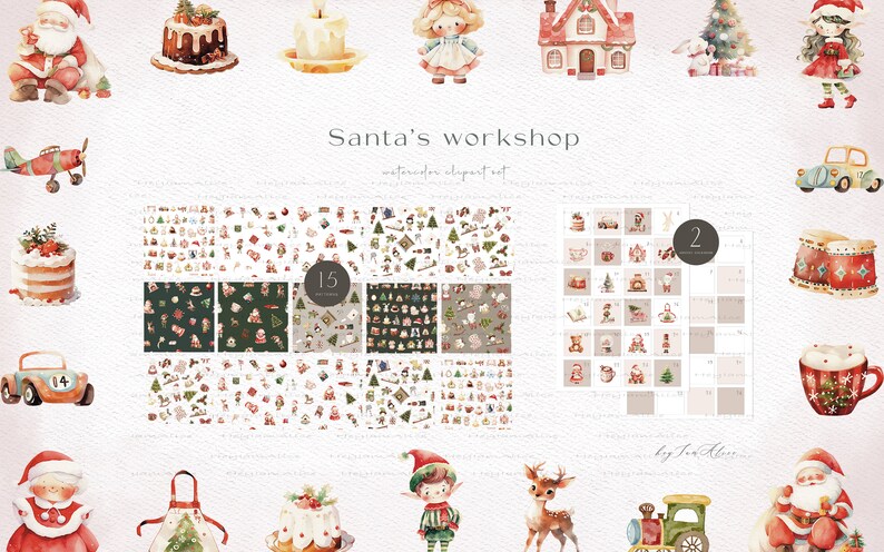 May include: A watercolor clipart set featuring Santa's workshop with illustrations of Santa, elves, reindeer, toys, and Christmas decorations. The set includes 15 seamless patterns and 2 sheets of individual elements. The text "Santa's Workshop" and "watercolor clipart set" is included in the image.