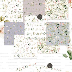 May include: A set of digital printable papers featuring floral patterns with delicate pink flowers, green leaves, and white backgrounds. The papers are labeled with the numbers 2 and 9. The text "Spring Garden patterns and note pads" is at the top of the image.