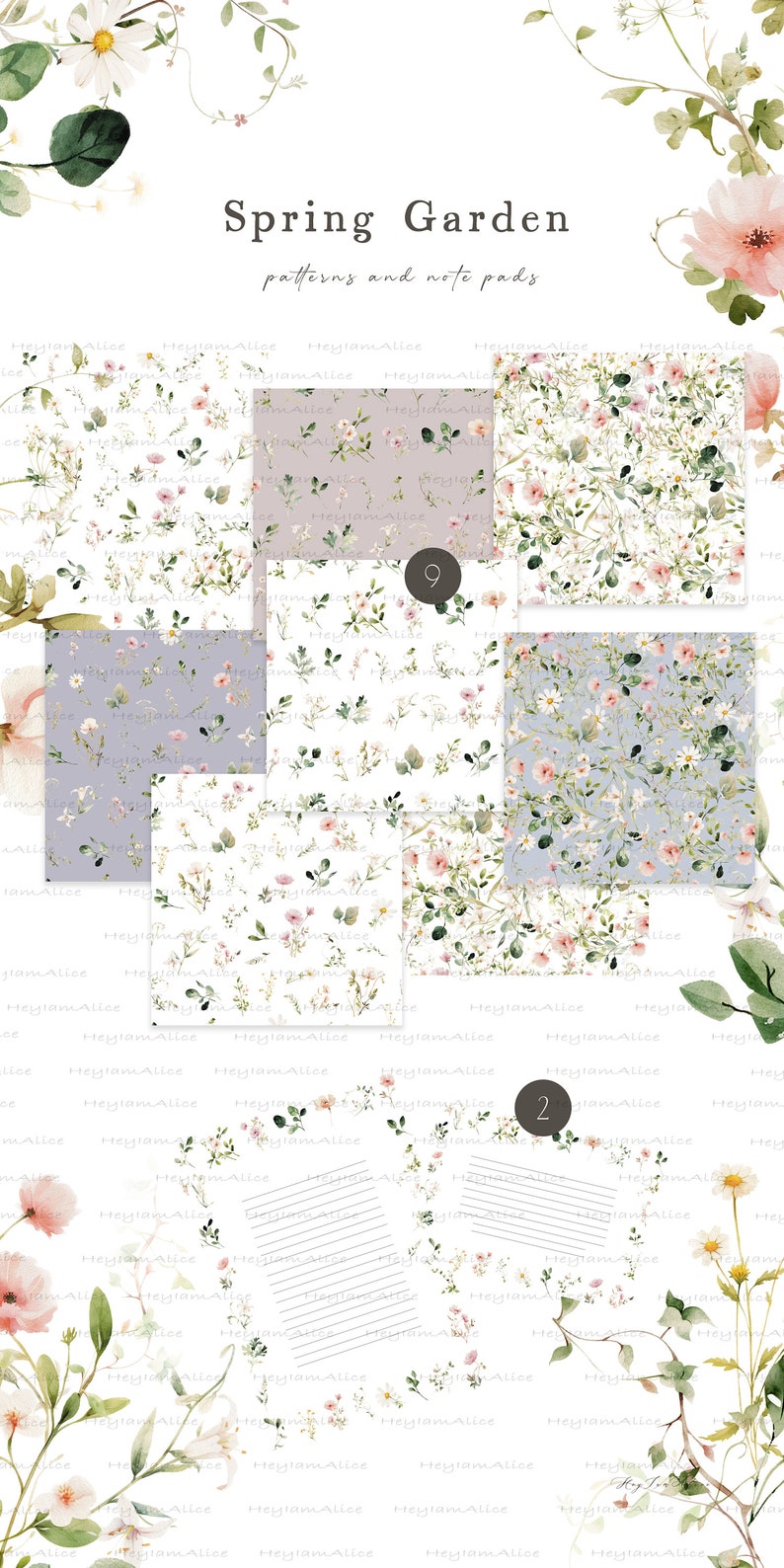 May include: A set of digital printable papers featuring floral patterns with delicate pink flowers, green leaves, and white backgrounds. The papers are labeled with the numbers 2 and 9. The text "Spring Garden patterns and note pads" is at the top of the image.