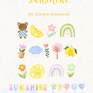 May include: A set of 81 watercolor illustrations featuring a cheerful sun, lemons, rainbows, flowers, a bear, a cloud, a tree, and the word "sunshine" in colorful letters. The illustrations are perfect for adding a touch of whimsy to your projects.