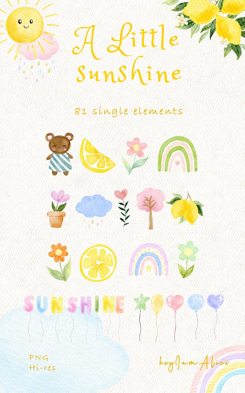 May include: A set of 81 watercolor illustrations featuring a cheerful sun, lemons, rainbows, flowers, a bear, a cloud, a tree, and the word "sunshine" in colorful letters. The illustrations are perfect for adding a touch of whimsy to your projects.