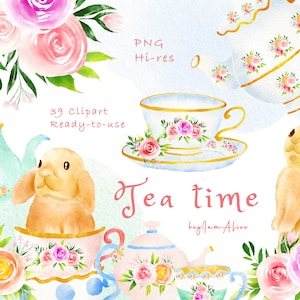 Tea time watercolor clipart, FREE COMMERCIAL use, tea party clipart, watercolor flower clipart, tea pot png, bunny png clipart, tea nursery