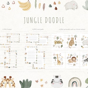May include: A set of digital illustrations featuring jungle animals, plants, and patterns in a watercolor style. The illustrations include a lion, tiger, giraffe, zebra, elephant, toucan, palm trees, rainbows, and more. The illustrations are perfect for creating invitations, cards, and other crafts.