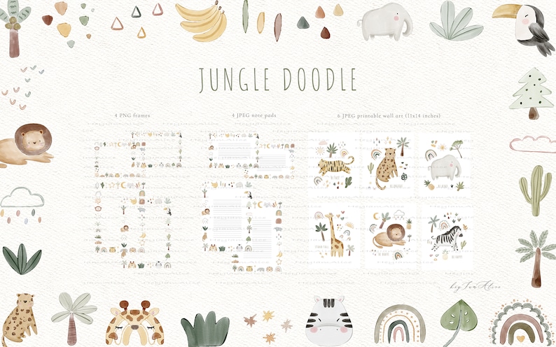 May include: A set of digital illustrations featuring jungle animals, plants, and patterns in a watercolor style. The illustrations include a lion, tiger, giraffe, zebra, elephant, toucan, palm trees, rainbows, and more. The illustrations are perfect for creating invitations, cards, and other crafts.
