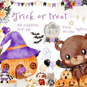 Halloween Aquarell Clipart, Süßes oder Saures Clipart, Baby Tier PNG, gruseliges Halloween PNG, süßes Halloween druckbare, digitale Grafik PNG