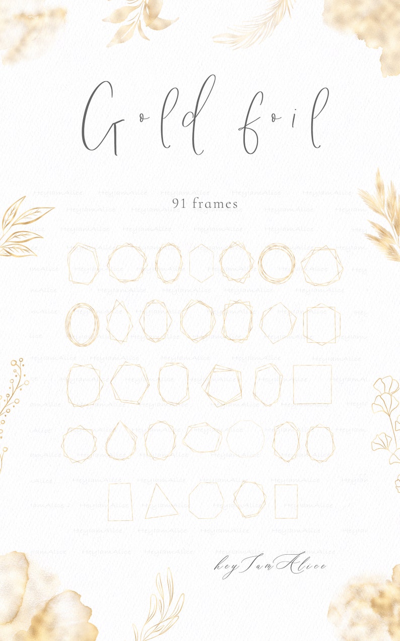 139 geometric frame PNG, Gold Foil Geometric Polygonal Frames Clipart, gold greenery, metallic glitter, wedding invitation, commercial use image 3