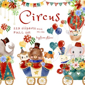 Circus aquarel clipart, rode circus graphics, baby dieren graphics, babyolifant, kinderkamer clipart, baby shower graphics, baby circus PNG