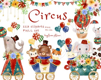 Circus watercolor clipart, red circus graphics, baby animal graphics, baby elephant, nursery clipart, baby shower graphics, baby circus PNG