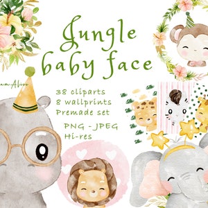 Jungle aquarelle animal visage clipart, pépinière jungle, douche de bébé jungle, safari animal graphique PNG, bébé éléphant, bébé lion, girafe PNG