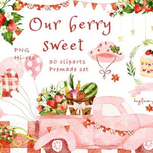 Aquarel aardbei clipart, boerenmarkt png, kinderkamer clipart, baby meisje graphics, verjaardag digitale graphics, Kid illustratie PNG