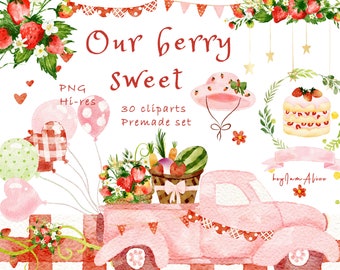Watercolor strawberry Clipart, farmer market png, nursery clipart, baby girl graphics, birthday digital graphics, kid illustration PNG