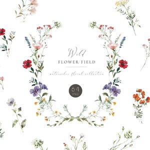 May include: Watercolor illustration of a wreath of wildflowers in shades of red, purple, blue, yellow, and white. The wreath is surrounded by individual wildflowers, including poppies, lavender, and daisies. The text "Wild Flower Field Watercolor Floral Collection 64 PNG" is displayed in the center of the image.