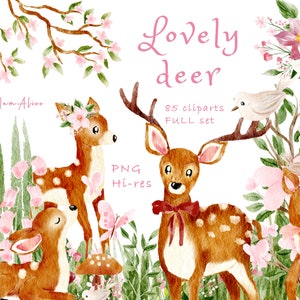 Clipart di cervo per bambini, cervo acquerello rosa PNG, uso COMMERCIALE GRATUITO, clipart di animali del bosco per bambini, decorazioni artistiche per vivai, clipart per bambina png