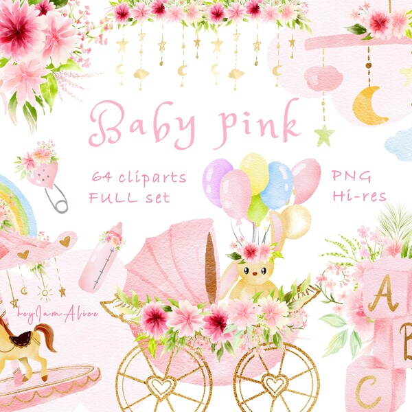 Baby girl pink clipart, pink watercolor newborn PNG, FREE COMMERCIAL use, pink nursery clipart, kid room clipart png, baby girl stuff png