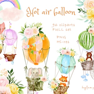 Hete luchtballon aquarel clipart, GRATIS COMMERCIEEL gebruik, luchtballon kwekerij clipart, dierlijke clipart PNG, luchtvervoer clipart, bloemen