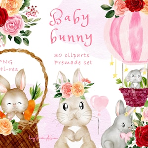 Clipart coniglietto bambino, coniglio rosa acquerello PNG, sublimazione png, clipart animali del bosco, arte della scuola materna, clipart bambina png, coniglietto di Pasqua
