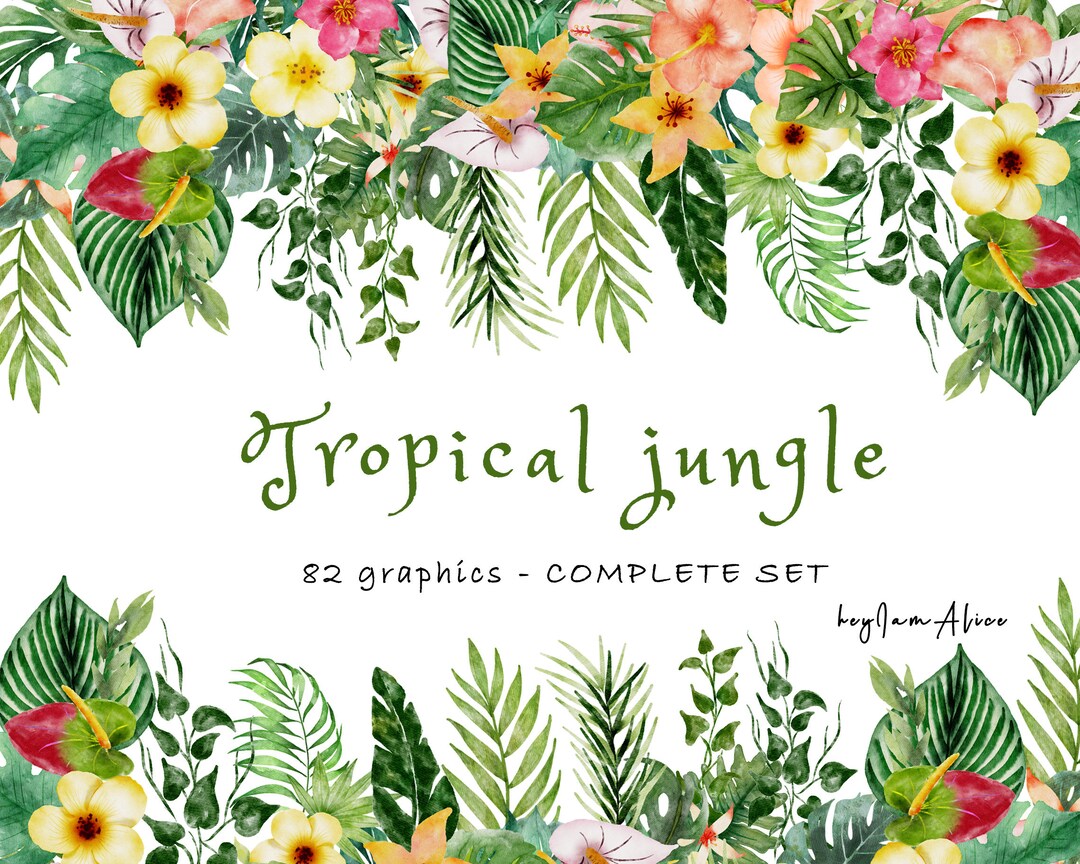 COMPLETE SET Tropical Jungle Flower Watercolor Clipart, Free Commercial