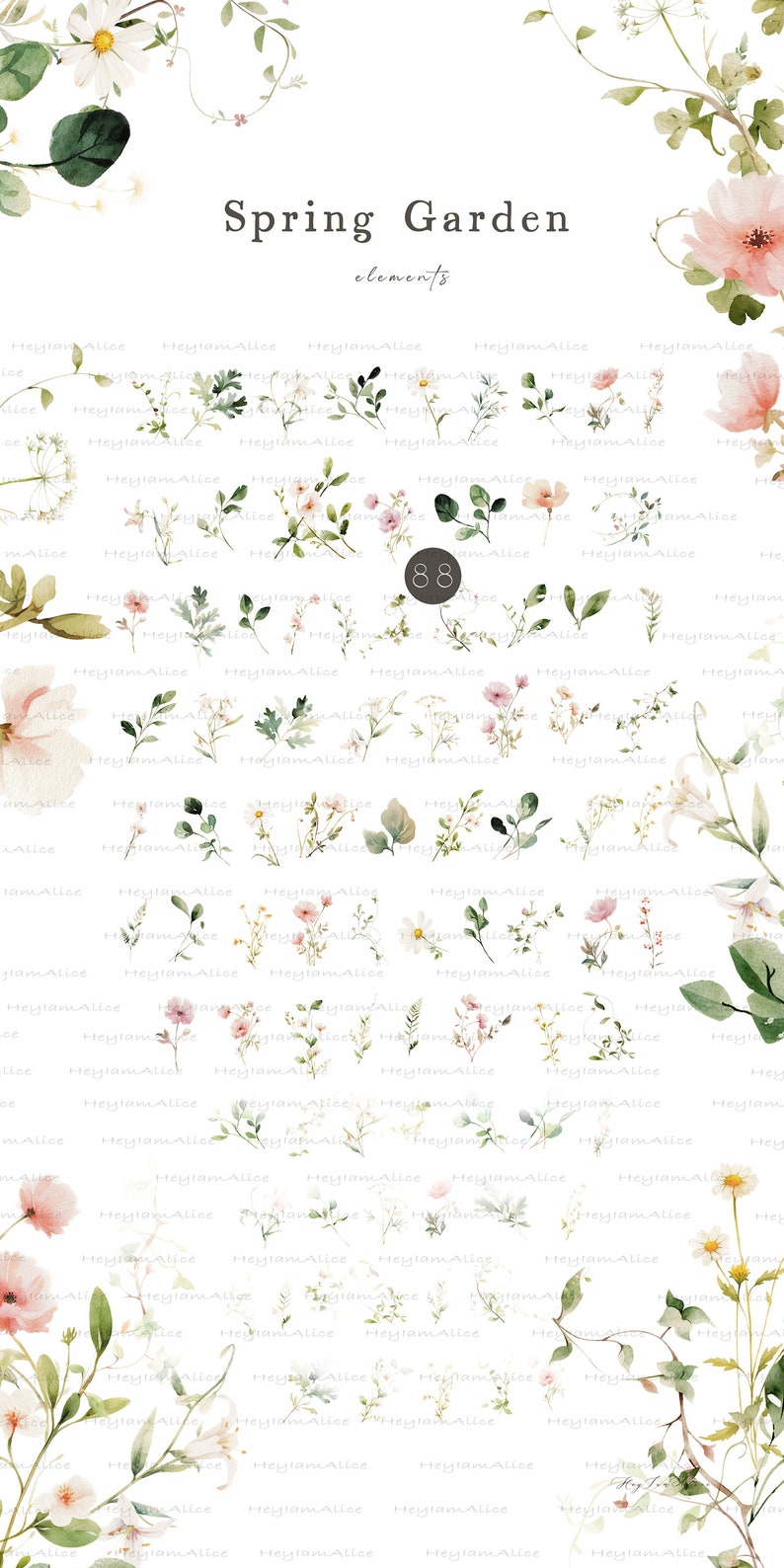 May include: A digital sheet of 88 watercolor illustrations of spring garden elements. The illustrations include flowers, leaves, and vines in shades of pink, white, and green. The text "Spring Garden elements" and the number "88" are visible in the image.