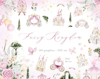 Baby girl watercolor clipart, little princess clipart, nursery clipart, fairy kingdom, magical castle PNG, pink carriage, princess birthday