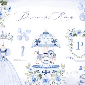 Clipart acquerello bambina, clipart piccola principessa, regno delle fate, castello magico PNG, carrozza blu, giostra della principessa, sublimazione PNG