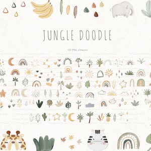 May include: A set of 133 watercolor jungle doodle illustrations, including animals, plants, rainbows, and other elements. The illustrations are in a variety of colors, including green, brown, yellow, and pink. The illustrations are perfect for creating invitations, cards, and other projects.